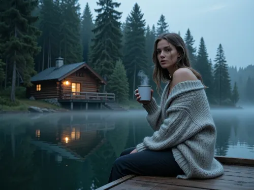a woman wearing a chunky oversized knitted cardigan and dark pants, sitting on a wooden dock by a lake, early morning mist rolling over the water, towering pine forest in the background. She is holding a steaming mug with her hand, looking towards the camera with a clam expression. In the background, (a rustic wooden log cabin:1.2), with warm glowing windows sits nestled among a towering pine forest. The atmosphere is tranquil and foggy, with soft diffused dawn lighting, (cool blue and muted green color palette:1.2), atmospheric haze, ethereal fog, tranquil, serene, melancholic, (highly detailed textures:1.2), 8k resolution, photorealistic, depth of field, sharp focus on the woman, immersive composition, masterpiece, professional landscape photography.