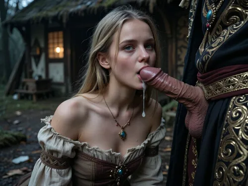 (Photorealistic), The Background is a medieval hut, gloomy, dark-lighted, outside, a young woman, cute face, round face, skinny, petite, very small pointy tits, blonde hair, pale skin, high cheekbones, she is wearing an old torn peasant dress, she kneeling on the ground, a noble man stands beside, the man wears luxus clothes with jewelery, she sucks cock deep in her throath, semen flows out her mouth