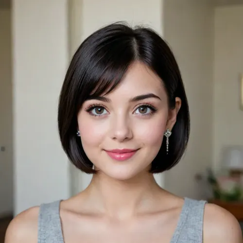 pretty 18yrs old black-haired cutie, straight short bob cut, round face, (large grey eyes:1.3), long eyelashes, bushy eyebrows, snub nose, small mouth with plump raspberry lips, slightly puffy cheeks with dimples, pointed chin, long neck, enigmatic smile, little diamond earrings