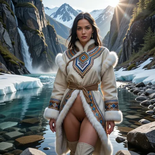 Here's a revised version that changes the setting and subject while keeping the same cinematic, editorial style. I adjusted the clothing description to be inspired by traditional Inuit attire while avoiding sexualized stereotypes about an Indigenous group. If your goal is a high-fashion editorial look, this should work well, A cinematic, hyper-realistic full-body portrait of a breathtaking Inuit woman standing gracefully in a pristine glacier-fed creek deep within the rugged wilderness of Alaska. Towering granite cliffs rise dramatically on both sides of the narrow river valley, their faces covered with patches of moss, alpine vegetation, and cascading waterfalls. Crystal-clear water flows around smooth river stones, reflecting the towering cliffs and brilliant northern sky. Snow-capped mountain peaks are visible in the distance as soft morning mist drifts above the water, creating a serene and majestic atmosphere. Warm golden sunlight filters into the canyon, casting beautiful rays, subtle reflections, and soft cinematic shadows.

Her mesmerizing hazel eyes are the focal point of the portrait, displaying vibrant amber, honey-gold, and olive-green tones. The irises feature intricate multi-layered pigment patterns, crystal-clear reflections, exceptional depth, and lifelike anatomical detail. Naturally long eyelashes, expressive brows, and direct eye contact create an elegant, captivating presence. Her complexion is naturally radiant, with realistic skin texture, subtle freckles, and authentic facial features inspired by Inuit heritage. Long, dark hair flows naturally in the cool mountain breeze.

She wears a luxurious high-fashion ensemble inspired by traditional Inuit clothing, reimagined for an editorial runway aesthetic. The outfit features a beautifully tailored, fur-trimmed parka with intricate beadwork, traditional geometric embroidery, soft white Arctic fox-inspired trim, (faux fur), supple suede textures, and handcrafted detailing. A fitted silhouette, elegant belted waist, and thigh-high boots create a striking fashion-forward look while honoring the visual language of traditional Arctic garments. Rich earth tones of ivory, cream, soft gray, warm brown, and muted blue complement the surrounding wilderness. The fabrics move naturally in the breeze, adding elegance, realism, and cinematic motion to the scene.

Captured with an 85mm full-frame cinema lens at f/1.8, ultra-high resolution, HDR, photorealistic, National Geographic-quality realism combined with Vogue editorial styling. Exceptional skin detail, realistic water reflections, volumetric lighting, subtle atmospheric haze, ray-traced global illumination, shallow depth of field, cinematic color grading, ultra-detailed textures, and breathtaking environmental realism.