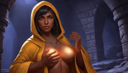 (Anwen from Skyrim, 40 year old, very dark tanned black skin, small breasts, very short black hair bobcut, neutral face), (inside medieval underground stone bathhouse, silver stone walls), (wearing yellow hood up, revealing open orange medieval robes), (hands on breasts, squeezing breasts), close-up view focusing on face above chest, blue atmosphere, fantasy art, dark scene, artwork, digital painting, concept art, by syd mead, retro futuristic, flat colors, Elder Scrolls Online art, <lora:CuteCombine1:.1>, <lora:LegendDarkFantasy-000001:.3>