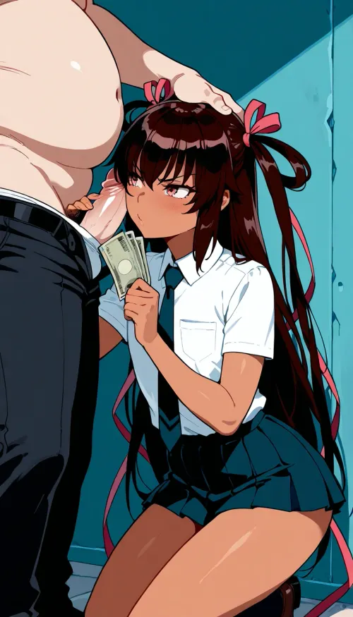 Derpixon style, simple cartoon porn, bold black outlines, vibrant flat colors, without shading, clean lines, maximum simplicity, clean flat coloring, no complex details, no gradients, no shine, Mizuki Yukikaze, tiny body, flat chest, 18 years old, adult, on the alleyway, near the wall, sexy school shirt, sexy school skirt, she is kneeling, handjob, 1girl, 1man, very fat old man, two characters in frame, man in clothes, girl holding money in hand, girl angry face expression, man standing to close, penis on her face, penis rubbing her face