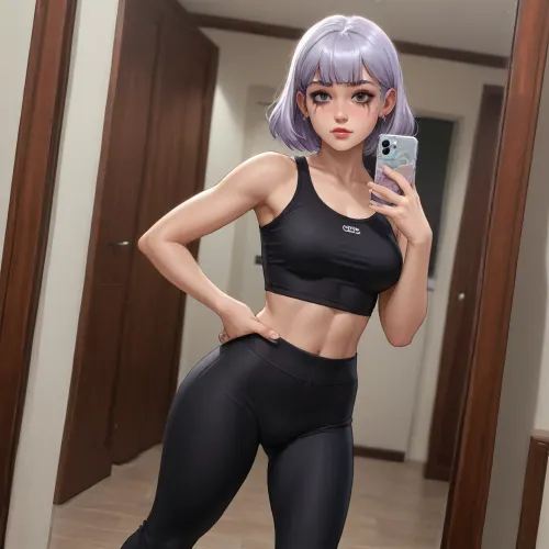 noelle from genshin impact dross style reiq meets, woman, Candid mirror selfie featuring an athletic 25 year old college coed with a big muscular ass. She’s wearing yoga pants, turned sideways to show off body, posing effortlessly with a hand on her hip. Her dorm room has a modern aesthetic, with a large mirror, scattered makeup items, and soft lighting that enhances the pastel colors around her. The angle of the shot is slightly tilted, capturing a laid-back, amateur influencer-inspired vibe.