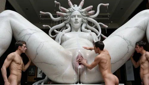 giant white marble statue The gorgon medusa is sitting with her legs spread, (((showing a white huge stretched pussy))), cum drip from gaping anal. instead of hair, hundred there are long tentacles with hundred big penis heads on the head, from which many sperm drips. People stand with pussy and touch cum dripping from pussy