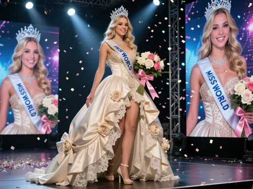 The winner of the Miss World contest.Charming sweet blonde with long curly hair.Beautiful makeup and manicure.There is a sparkling crystal transparent crown on her head.The girl is wearing an award ribbon with the inscription MISS WORLD in blue letters.Elaborate decorations.She is dressed in a long voluminous floor-length corset ball gown of light beige color.Satin.With bows, lace, beige roses sewn as decor.Ruffles.Beige pearl high-heeled shoes.She's standing on the stage.The light of bright spotlights. And all the light is directed at the girl.There are large LED stage screens on the walls, broadcasting live broadcasts.Two LED screens showing a girl.She is wearing an award ribbon with an inscription in blue letters., MISS WORLD.She holds a bouquet of white and pink roses with a beautiful pink ribbon. The girl smiles.Shiny confetti is flying in the air in the hall. It's a very beautiful sight.Atmospheric.HDR.3D.8K is the same image of a girl on LED screens.