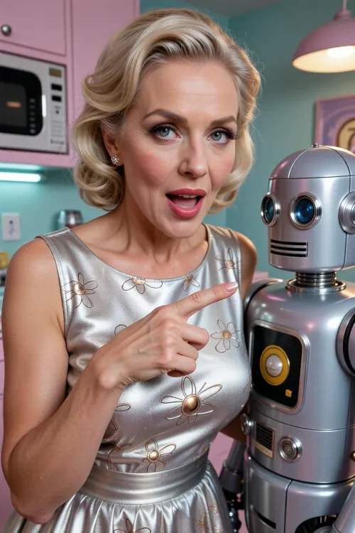 A retro-futuristic “pin-up” style photograph from the 1950s depicting a beautiful 50-year-old American housewife in her kitchen, designed in the style of the 1950s with a futuristic twist, interacting with a whimsical vintage robot assistant that has been brought into the family of a research scientist for testing, in the style of science fiction. She wears a retro dress made of futuristic metallic fabric with an “Atomic Age”-style pattern, composed of stylized flowers with petals resembling electron orbits, inspired by scientific discoveries, atomic physics, and space exploration, points her finger at the robot, her face showing a look of surprise mixed with a slight hint of delight. Her expressive eyes are wide open. Precise human anatomy, bright studio lighting, the glossy aesthetics of Pop Art, cinematic photorealism—like a still from a 1950s science fiction film