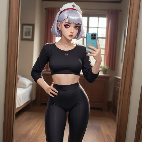 noelle from genshin impact dross style reiq meets, woman, Candid mirror selfie featuring an athletic 25 year old college coed with a big muscular ass. She’s wearing yoga pants, turned sideways to show off body, posing effortlessly with a hand on her hip. Her dorm room has a modern aesthetic, with a large mirror, scattered makeup items, and soft lighting that enhances the pastel colors around her. The angle of the shot is slightly tilted, capturing a laid-back, amateur influencer-inspired vibe.