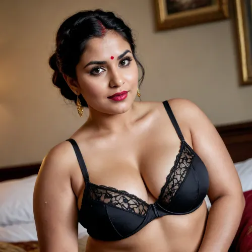 Keep same face and create a Photorealistic photograph of a curvy plus-size Indian woman, 46 years old, fair skin, soft rounded face, dark brown eyes, full lips with a confident dominant smirk, red bindi on forehead, long thick black hair styled in a high messy updo with a long thick side braid falling over one shoulder, gold jhumka earrings. Full voluptuous body with large heavy breasts, soft belly, wide hips and thick thighs.
She is lying on a luxurious bed with dark silk sheets in a dimly lit elegant bedroom. Wearing sheer black lace lingerie, (bra and panties), . Thick black ropes tightly bind her wrists above her head to the headboard, metal chains wrapped around her torso, waist and thighs in a restrictive bondage style. Body slightly arched, legs slightly apart.
Strict dominant switch expression, looking directly at the camera with intense control and a slight smirk. Soft dramatic lighting, highly detailed realistic skin texture, natural pores, sharp focus, ultra-photorealistic, 8k, professional photography, no anime, no cartoon, no illustration style
