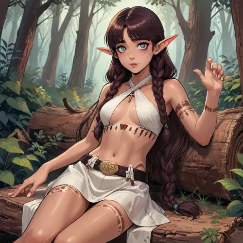 ishtar from fate/grand order dross style reiq meets, woman, masterpiece, best quality, ultra-detailed, 4k, original, maximum details, high quality, high resolution, ultra high detailed character, highly detailed, Perfect face, perfect body, perfect eyes, green eyes, perfect pupils, perfect fingers, young adult, adult girl, very cute face, young face, girl low stature, petite, slim, athletic, (beautiful elf girl, tanned skin, white tribal tattoos, perfect beauty), brown hair, long hair braided in two braids, bangs, short white skirt, leather belt, white x-shape criss cross halter top, thin waist, flat breast, bare feet, (wide innocent delighted smile), emotional, energetic, in the forest, in dynamics, in motion, sitting on a big log, leaning back, searching behind the log, head turned, scenic view, long shot, far shot, reiq style, ratatatat74, lineart, line, art, flat, colors, color, <lora:LCMTurboMix_Euler_A_fix:1.1>, <lora:ratatatat74-000050:1.1>, <lora:mk_Bp Anime_xl:1>, <lora:lineartSDXL:1.7>