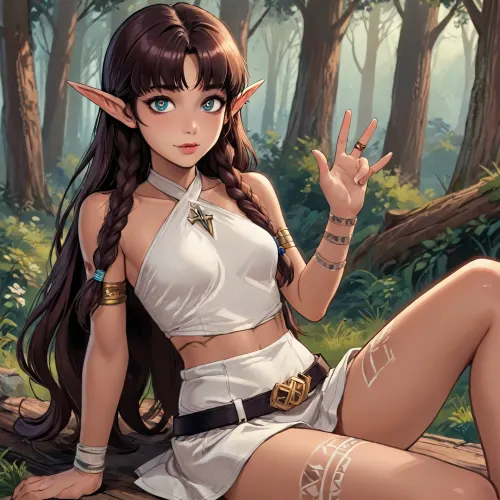 ishtar from fate/grand order dross style reiq meets, woman, masterpiece, best quality, ultra-detailed, 4k, original, maximum details, high quality, high resolution, ultra high detailed character, highly detailed, Perfect face, perfect body, perfect eyes, green eyes, perfect pupils, perfect fingers, young adult, adult girl, very cute face, young face, girl low stature, petite, slim, athletic, (beautiful elf girl, tanned skin, white tribal tattoos, perfect beauty), brown hair, long hair braided in two braids, bangs, short white skirt, leather belt, white x-shape criss cross halter top, thin waist, flat breast, bare feet, (wide innocent delighted smile), emotional, energetic, in the forest, in dynamics, in motion, sitting on a big log, leaning back, searching behind the log, head turned, scenic view, long shot, far shot, reiq style, ratatatat74, lineart, line, art, flat, colors, color, <lora:LCMTurboMix_Euler_A_fix:1.1>, <lora:ratatatat74-000050:1.1>, <lora:mk_Bp Anime_xl:1>, <lora:lineartSDXL:1.7>