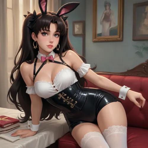 ishtar from fate/grand order dross style reiq meets, woman, A girl, wearing, White satin corset with lace trim and a sweetheart neckline.High-waisted black shorts with suspenders.White thigh-high stockings with bows.Accessories, Black leather bunny ears headband, bondage harness around the torso, and wrist cuffs with dangling bows.