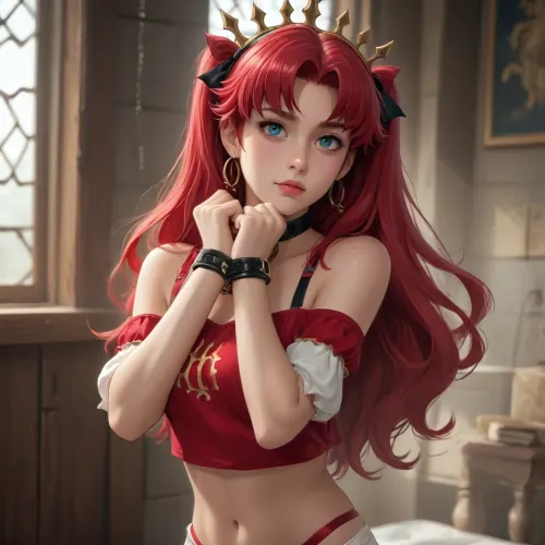 ishtar from fate/grand order dross style reiq meets, woman, A girl, wearing, Deep red velvet crop top with off-the-shoulder straps.Matching velvet high-waisted panties with cut-out details.Long satin gloves reaching above the elbow.Accessories, Leather bondage harness layered over the crop top, ankle cuffs connected with delicate chains, and a jeweled mask covering the eyes.