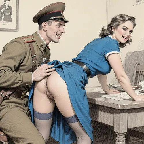 This is a detailed monochromatic pencil drawing in a classical illustrative style depicts a scene set in USSR in 1950s, bright, colorful colors, in the military guardhouse, The Soviet young soldier, He touchs the ass of a beautiful curvy mother, 40 years old, Submissive madam with elegant hairstyle, with seductive faces and wide hips in woman's in beautiful blue dress 50s she is bent low over on the table, The Soviet soldier lifted up the hem of her skirt, her asshole and stockings are visible, (hairy labia and asshole), She's Submissive and embarrassed, Vulgar sneering smile on soldier's face, The overall mood is intense, rendered in fine, expressive line work and subtle shading, evoking the style of 1950s satirical or moralistic illustrations.