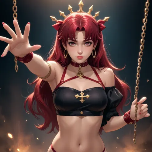 ishtar from fate/grand order dross style reiq meets, woman, A girl, wearing, Deep red velvet crop top with off-the-shoulder straps.Matching velvet high-waisted panties with cut-out details.Long satin gloves reaching above the elbow.Accessories, Leather bondage harness layered over the crop top, ankle cuffs connected with delicate chains, and a jeweled mask covering the eyes.