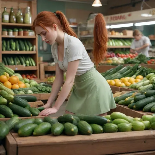 4k, high details picure, high details on face, perfect eyes, slender 25yo woman, working as fruit seller, medium chest, redhead hairs, ponytail, tight light green skirt, bending down, looking down at cucumbers, on a fruit shop