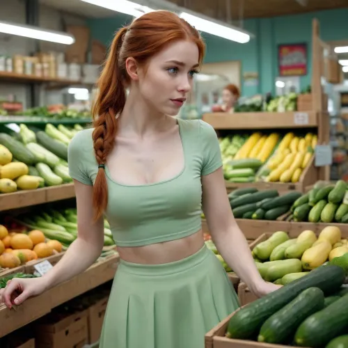 4k, high details picure, high details on face, perfect eyes, slender 25yo woman, working as fruit seller, medium chest, redhead hairs, ponytail, tight light green skirt, bending down, looking down at cucumbers, on a fruit shop