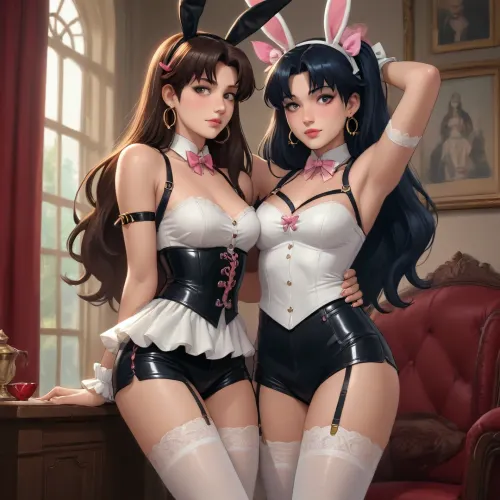ishtar from fate/grand order dross style reiq meets, woman, A girl, wearing, White satin corset with lace trim and a sweetheart neckline.High-waisted black shorts with suspenders.White thigh-high stockings with bows.Accessories, Black leather bunny ears headband, bondage harness around the torso, and wrist cuffs with dangling bows.
