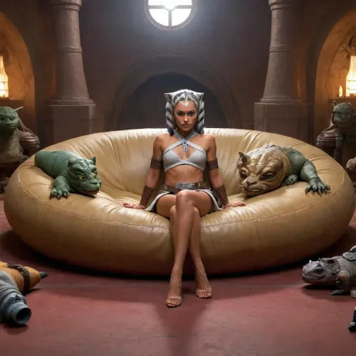 Ahsoka from Star Wars, young, petite, tiny, small tits, tube top, miniskirt, lying in huge enormous circular couch in Jabba the Hutt’s palace, lots of pillows, luxurious gold and silver sheets and blankets, lying on back, drunk, legs spread, upskirt pussy, surrounded by menacing Star alien guards with weapons