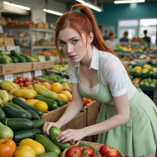 4k, high details picure, high details on face, perfect eyes, slender 25yo woman, working as fruit seller, medium chest, redhead hairs, ponytail, tight light green skirt, bending down, looking down at cucumbers, on a fruit shop