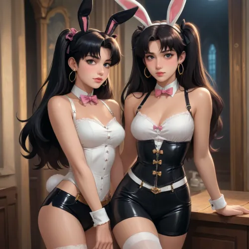 ishtar from fate/grand order dross style reiq meets, woman, A girl, wearing, White satin corset with lace trim and a sweetheart neckline.High-waisted black shorts with suspenders.White thigh-high stockings with bows.Accessories, Black leather bunny ears headband, bondage harness around the torso, and wrist cuffs with dangling bows.