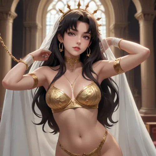 ishtar from fate/grand order dross style reiq meets, woman, A girl, wearing, Gold metallic bra with intricate chain overlays.Matching gold thong with delicate side straps.Long, flowing cape made of sheer fabric with gold accents.Accessories, Body chain draping from shoulders to waist, arm cuffs with small dangling chains, and a leash attached to a decorative gold collar.