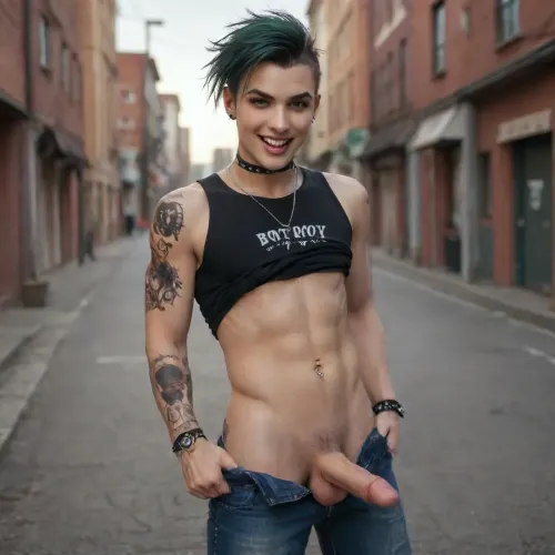 A punk young man with a punk/goth/alternative/e-boy clothing style, including tattoos and piercings, is pulling down his unbuttoned jeans to expose his penis in public. He is smirking and laughing playfully. He is wearing a black sleeveless tee and jeans with full sleeve arm tattoos, a punk hairstyle, and facial piercings, laughing, smirking, teasing, flirting, tongue out, sticking tongue out, sticking out his tongue, e-boy, punk, boyfriend, twink, tattoo, Holo-, Object, gd, erection, sex, toy, penis, large, <lora:Penis_XL:.8>