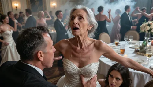 90 years old granny, most wrinkled body, most wrinkled pussy, most wrinkled face
The old man secretly fucks the drunk bridesmaid 90 years old, at the wedding, everyone is dancing, and no one sees it, wears an elegant white dress, looking up, sweaty, disheveled hair, (man looks down to her:1.4), she hides under the table, several drunk party guests dancing in the blurred background, ballroom, shot from above, haze of cigar smoke in the air, filled with dust and smoke, cinematic moody lighting, tense but charismatic atmosphere, crowd, of, people, cloudy, smoke, atmospheric, clouds, fog