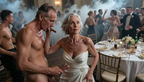 90 years old granny, most wrinkled body, most wrinkled pussy, most wrinkled face
The old man secretly fucks the drunk bridesmaid 90 years old, at the wedding, everyone is dancing, and no one sees it, wears an elegant white dress, looking up, sweaty, disheveled hair, (man looks down to her:1.4), she hides under the table, several drunk party guests dancing in the blurred background, ballroom, shot from above, haze of cigar smoke in the air, filled with dust and smoke, cinematic moody lighting, tense but charismatic atmosphere, crowd, of, people, cloudy, smoke, atmospheric, clouds, fog
