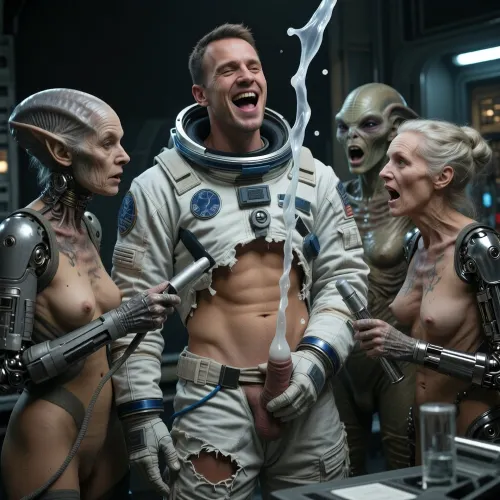 (4K UHD ultra-detailed), high detailed, 8k, (photorealistic:1.7), (masterpiece, best quality, highres, photorealistic, ultra-detailed, cinematic lighting, sharp focus), 1/2 length view, high quality, best quality, realistic, photorealistic
Show a male astronaut. His uniform is torn. He has a small erect penis
Three old female aliens stand around the man. They look extraterrestrial, some have visible mechanical parts. They are holding medical instruments and intend to examine the astronaut's penis.
Then white transparent cum shoots out of the penis from bottom to top into the women's faces. The man laughs, the women are shocked.