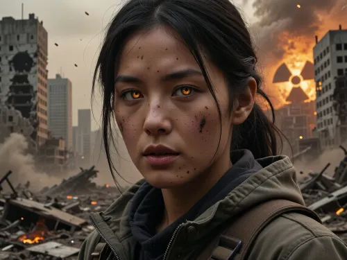 A photorealistic cinematic portrait of a young woman, a close-up, with sharp focus on her eyes, which glow from a high dose of radiation, barely noticeable traces of soot and dust on her skin, she is dressed in worn, practical survival gear. Against a dramatic backdrop lies a vast, ruined, post-apocalyptic city in the aftermath of a nuclear war, crumbling concrete skyscrapers, flames still burning in places, radioactive smog glowing orange and rising in the distance, ash falling from the sky, desolation and destruction, photorealistic cinematic lighting, ultra-detailed rendering