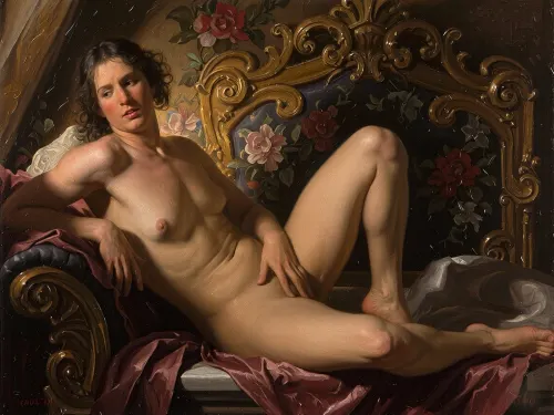 A classical nude study, bathed in warm, golden light in the chiaroscuro style, interwoven with sumptuous Baroque floral motifs, characterised by the dense texture of oil painting on canvas, generous use of the palette knife, thick, oily paint and a mood inspired by the work of Rembrandt, with shades of deep amber, burnt umber and soft highlights on the skin.