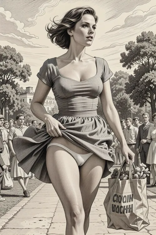 This is is a detailed monochromatic pencil drawing in a classical illustrative style depicts a scene set in USSR in 1960s, Russian, 1960s, strong wind, beautiful Russian short brown hair milf in pin-up style, mother with hourglass figure, (wide hips), she is walking in the park, a strong wind lifts the hems of her sundress, (her white panties are visible), a lot of people, seductive faces, The grocery bag in her hand, The overall mood is intense, rendered in fine, expressive line work and subtle shading, evoking the style of 1950s satirical or moralistic illustrations.