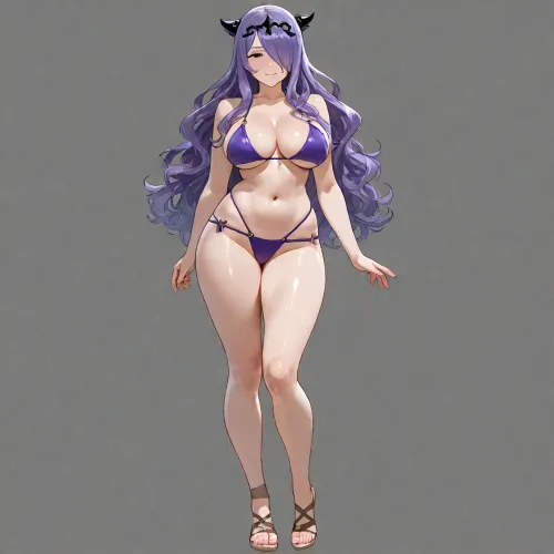 Camilla from fire emblem fates conquest, full body, smiling, Big tits, Purple bikini, Seductive smile, standing