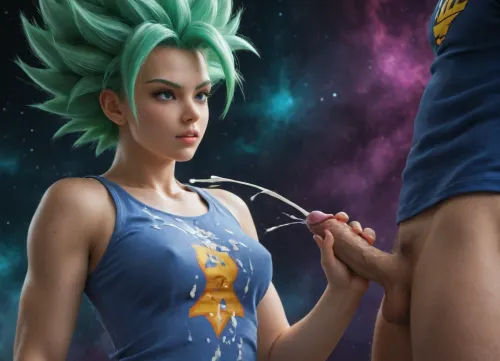 (1woman, 1man, hetro couple), Female version of Kale from Dragon Ball Super, legendary Super Saiyan aura, she has wild long green hair, fierce expression, ((powerful female Saiyan warrior)), dynamic battle pose, green energy aura exploding вокруг her, muscular and heroic build, detailed anime style, dramatic lighting, cosmic background, high detail, vibrant colors, epic composition, (1man, out of frame, white man, masturbating his, (small cock:1.6), (handjob)), (cum on clothing:1.6), (ejaculation:1.7)