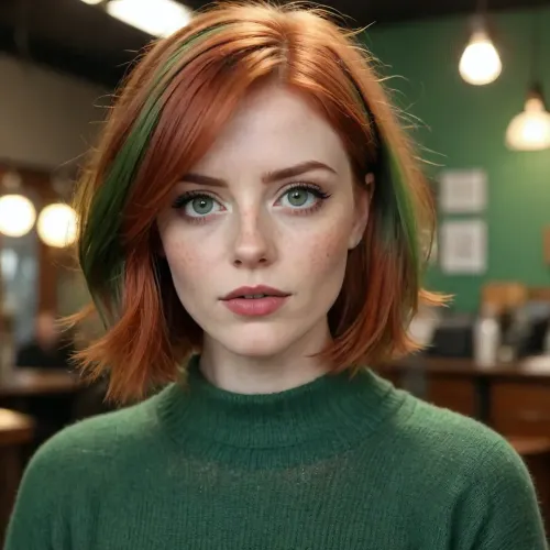 (drawing in the style of flash animation), copper-red hair with green highlights in a bob haircut, huge bright green eyes, a snub nose, freckles, plump maroon lips.