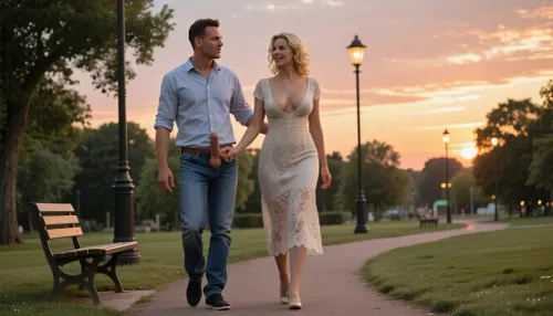 (((ultra-realistic photo taken according to all the rules of photographic composition:1.5))), (atmospheric lighting and the setting of a summer park at sunset), (beautiful sky at sunset), ., (Man on the left, woman on the right), (a man's erect penis is sticking out of his unbuttoned jeans), (woman holding man's penis with her hand, man holding woman's butt with her hand), . A warm summer evening, sunset, the streetlights are not on yet, a park, (a man and a woman are strolling along a park path, they are walking towards the camera, the camera is filming them from the face. The woman has turned her head towards the man, and with her hand is holding the man's erect penis protruding from his jeans, the man has put his hand on the woman's butt), ((perfect hands and fingers:1.5)), (The woman is 30 years old, a slender, well-groomed blonde with shoulder-length curly hair, with pleasant facial features, a rounded, voluminous butt), (the woman is wearing a light, plain long lace dress with a deep neckline and short sleeves, elegant shoes with high, thin heels), (the woman's mouth is slightly open and her head is turned towards the man, she is smiling, looking into his eyes), ((the woman's dress has a deep neckline, large, erect nipples sticking out from under the dress)), ((A man, 40 years old, wearing a shirt with rolled-up sleeves, jeans, and men's black shoes), ., ((the camera takes a wide shot, with a panoramic view of a park, with a man and woman walking away from the camera in the center of the frame)), ((ultra-realistic park)), ((ultra-realistic scene of a penis in hand)))