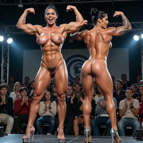 ((naked)), ((tow Latin bodybulder MILF woman standing on stage)), double bicep muscle posing, ((one from the front, one from the back)), showing front and back, (deeply tanned skin), extremely beautiful latina face, perfect anatomic body, ((narrow waist)), ((wide hips)), ((Tense face)), sexy body, standing up, laughing, oily skin, naked, perfect body, very narrow waist, ((wasp waist)), ((extremely muscular buttocks)), strong abdominal muscles, natural chest, saggy chest, ((very large natural breast)), (((heavily haired pubic area:1.3))), ((hair in a bun)), short hair, (very hairy pussy), ((black pubic hair)), (heavily haired armpits:1.4), (She is 1.75 meters tall, with a 90 cm bust, 50 cm waist, 1.20 meters each of muscular thighs, deeply tanned skin, prominent tan lines:1.4), (25 cm calves:1.6), (silver platform shoes, silver high heels), (showing large natural breasts:1.3), (((double biceps Pose:1.6))), (hair, Light black, wet, very straight:1.6), photoshoot, (She poses on a competition stage, many spectators sit in front and applaud), (full body in the image:1.3), (front view:1.3), HDR, HD, extre mely realistic, ultra high details, award winning photo, octane render