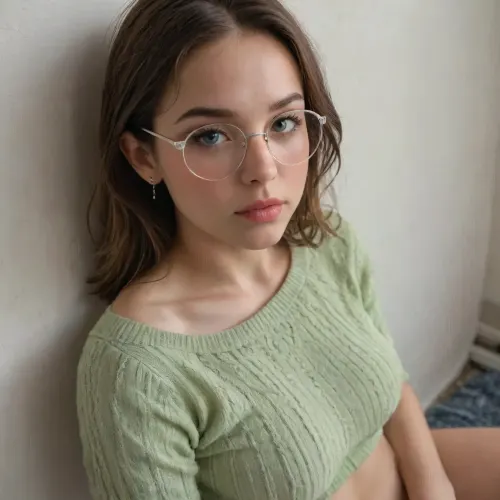 A realistic close-up photograph of a young woman with long dark brown hair reclining against a plain white textured wall, her head tilted back and slightly to her right while gazing toward the camera with a neutral relaxed expression, lips slightly parted, wearing round transparent pink-framed glasses with visible pink eyeshadow and subtle eyeliner accentuating her dark eyes, soft pink blush on her cheeks, glossy nude lips, and long dangling silver earrings in both ears, her bright lime green ribbed knit short-sleeve sweater pulled down firmly beneath her large natural breasts leaving them fully exposed in the foreground with the soft fabric bunched in natural folds across her upper chest, fair skin tone showing faint natural redness and subtle stretch marks on the breasts and torso, a small gray electrical utility box mounted on the wall visible at the far left edge of the frame, captured from a high overhead angle in a casual selfie style with soft natural indoor lighting coming from above creating gentle highlights on her skin, glasses, and the textured knit of the sweater, shallow depth of field with sharp focus on her face, and breasts while the white wall background softly blurs, vibrant yet natural color grading emphasizing the vivid lime green of the sweater against pale skin and off-white wall, individual strands of hair resting across the sweater, high-resolution detail capturing skin texture, fabric weave, and subtle reflections on the glasses lenses, shot on a modern smartphone camera with clean post-processing and no heavy filters, intimate casual atmosphere, photorealistic quality with crisp detail throughout the subject.