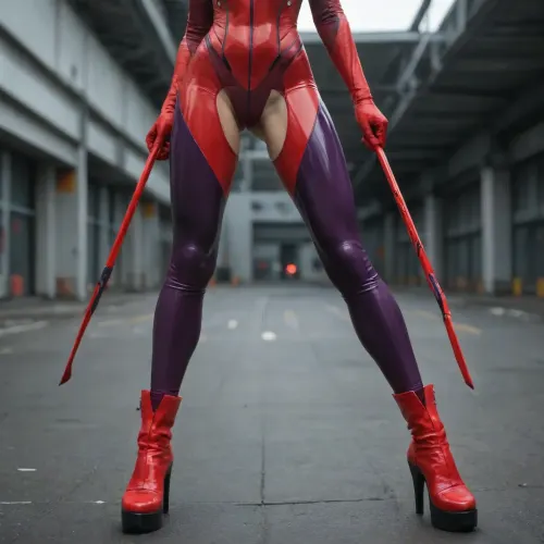 A realistic photograph captured on a Canon EOS R5 with a 35mm prime lens at f/2.8 aperture and ISO 100, showing a cosplayer portraying Asuka Langley Soryu from Neon Genesis Evangelion in her classic red plugsuit, standing in a powerful dynamic pose on a rain-wet rooftop terrace overlooking the Kuala Lumpur skyline. The woman has long auburn hair pulled into a high ponytail secured with a small red clip, her head turned to look back over her left shoulder with a confident expression while her body faces mostly away from the camera. She wears a glossy, skin-tight red and purple latex plugsuit with white long sleeves, the red chest and back armor prominently displaying the black number 02, paired with matching shiny red elbow-length gloves and tall glossy purple thigh-high boots featuring red diamond accents and black platform high heels with red soles. In her right hand she grips a large red futuristic spear with a pointed tri-blade tip and glowing green gem detail, the weapon angled diagonally across her body and extending upward out of frame, while her left arm is extended outward for balance. The wet reflective floor mirrors the overcast sky and distant skyscrapers including the Petronas Towers and KL Tower, with soft natural daylight creating bright specular highlights on all the glossy costume surfaces and subtle shadows beneath her legs. Shallow depth of field keeps the subject tack-sharp while gently softening the city background, cinematic low-angle composition emphasizing her stance and costume details, photorealistic skin texture and material reflections, natural color grading with cool daylight tones, ultra-detailed 8K resolution, professional cosplay photography style.