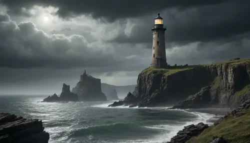 Ancient, weather-beaten lighthouse standing on desolate cliffs in a fantasy post-apocalyptic world. The structure is half-ruined, with vines and moss clinging to its cracked stone surface. Jagged rocky outcrops surround the base, partially submerged in dark, storm-tossed waters.

A mysterious cloaked figure of a witch stands atop a distant cliff, her silhouette outlined against the ominous sky. Heavy rain falls across the landscape, merging with thick mist that clings to the rocks. The atmosphere is one of eerie solitude and ancient magic, with faint lightning illuminating the horizon.

The scene combines elements of dark fantasy and post-apocalyptic desolation, creating a mood of mystery and foreboding. Every surface shows signs of decay and age, with realistic textures of wet stone and decaying masonry. The lighting emphasizes the dramatic tension between darkness and the faint glow of the lighthouse remains.