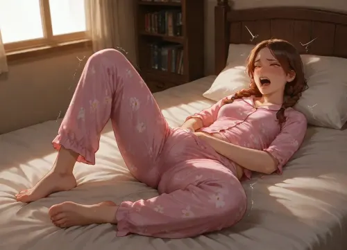 photorealistic, high quality, in room, furniture, window, bookshelf, woman, (brown braids), freckles, blushing, (plump:1.1), (small breasts), (floral pajamas), (pajama pants), lying on back, (on bed), bedroom, full body, full room view, masturbating, sweating, (screaming:1.1), happy, (hand in pants), eyes wide open, orgasm, legs spread wide, (), (trembling)