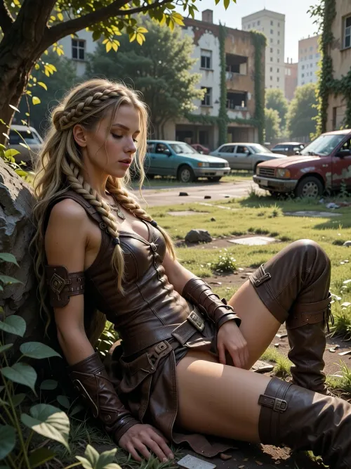 Create a striking image of a beautiful woman dozing peacefully in a post-apocalyptic cityscape. She has long, intricately braided blonde hair and is dressed in a rugged brown leather outfit, embodying resilience. The scene is set in a sunlit, overgrown parking lot, where nature has reclaimed the land, vibrant green grass blankets the ground, and entwining vines adorn abandoned cars and crumbling buildings in the background. The composition should feature the woman sitting against a weathered rock, her relaxed posture contrasting with the surrounding ruins. Use warm, golden sunlight filtering through the trees to create soft shadows, enhancing a tranquil atmosphere. Employ a realistic, painterly style, focusing on rich textures in both her attire and the surrounding foliage. Capture a sense of serenity, evoking feelings of hope amidst decay. Aim for a high-resolution image with vivid colours and sharp details, suitable for print.