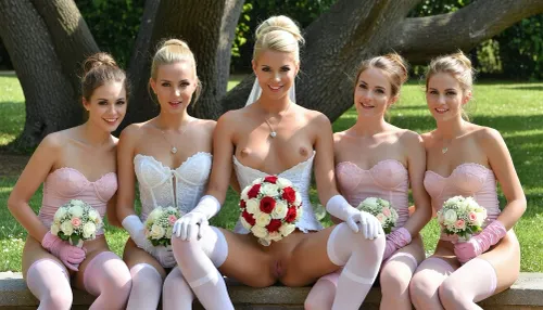 A bride poses with her four bridesmaids in a garden for a group photo., (The beautiful, slender, naked bride wears her blonde hair in an elaborate, professional updo, she is wearing white nylon stockings, an intricately embroidered white open-bust corset, elegant white gloves, and a silver necklace with a small silver heart-shaped pendant. The bride's vagina and Vulva is perfectly shaved, not a single hair or bit of stubble is visible. Her breasts are small but firm. The bride looks happy, it is evident that this is the most beautiful day of her life. The bride holds a bridal bouquet in front of her body with both hands, the bouquet consists of red and white roses.), Her four naked bridesmaids are sitting to the right and left of the bride., (The bridesmaids also have their hair in updos, both are wearing pastel pink nylon stockings and pastel pink open-bust corsets, elegant pink gloves. The bridesmaids' vaginas are also perfectly shaved. They are happy and delighted for the bride. The bridesmaids also each hold a small bouquet in front of their bodies with both hands, the bridal bouquet consists of white and pastel pink flowers.), A sunny summer day in the garden, in the background, several large, old trees providing shade are visible. However, the three women are standing in full sunlight., (The women are sitting on a small old wall, the bride spread their legs wide open, splits, presenting her vaginas, The bride's legs rest on the bridesmaids' legs.)