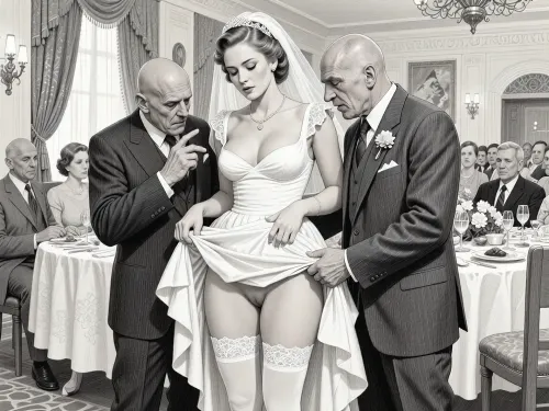 This is is a detailed monochromatic pencil drawing in a classical illustrative style depicts a scene set in USSR, in 1950s, a striking busty bride in a white dress, ((2 ugly bald old men roughly pawing her labia with their fingers)), 2 ugly bald old men mocking, on a festive table during the wedding banquet, She lifts the hem of her wedding dress with her hands, white lace panties, her white stockings are visible, family and parents are watching in their best clothes, a large banquet hall, They celebrate the wedding without noticing the bride, The overall mood is intense, rendered in fine, expressive line work and subtle shading, evoking the style of 1950s satirical or moralistic illustrations.