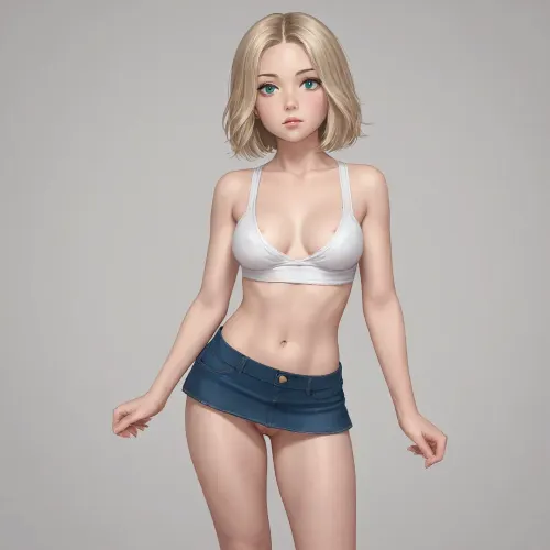 illustration of a woman, 25 years old, blonde, green oval eyes, round cheeks, slightly pointy chin, oval face, medium nose, similar to the photo, medium natural breasts, nipples are pink and hard, petite body, thick legs, bare feet, small feet, standing up, in a micro skirt, no panties, deep cleavage, vagina lips are showing, at the night club, looking sexy at the viewer
