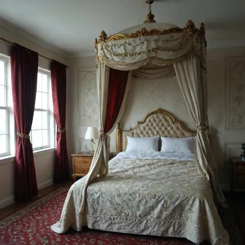 luxorious hotel room, classy bed, canopy, heavy maroon curtains, white walls, golden patterns, empty