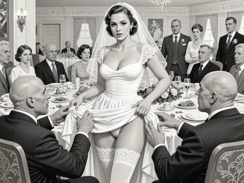 This is is a detailed monochromatic pencil drawing in a classical illustrative style depicts a scene set in USSR, in 1950s, a striking busty bride in a white dress, ((2 ugly bald old men roughly pawing her labia with their fingers)), 2 ugly bald old men mocking, on a festive table during the wedding banquet, She lifts the hem of her wedding dress with her hands, white lace panties, her white stockings are visible, family and parents are watching in their best clothes, a large banquet hall, They celebrate the wedding without noticing the bride, The overall mood is intense, rendered in fine, expressive line work and subtle shading, evoking the style of 1950s satirical or moralistic illustrations.