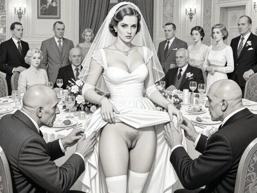 This is is a detailed monochromatic pencil drawing in a classical illustrative style depicts a scene set in USSR, in 1950s, a striking busty bride in a white dress, ((2 ugly bald old men roughly pawing her labia with their fingers)), 2 ugly bald old men mocking, on a festive table during the wedding banquet, She lifts the hem of her wedding dress with her hands, hairy pussy, her white stockings are visible, family and parents are watching in their best clothes, a large banquet hall, They celebrate the wedding without noticing the bride, The overall mood is intense, rendered in fine, expressive line work and subtle shading, evoking the style of 1950s satirical or moralistic illustrations.