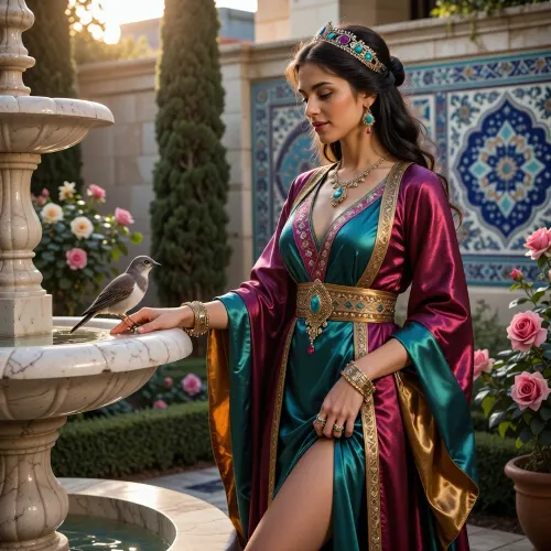 ((over-detailed professional photography, masterpiece, epic photorealism)), DSLR camera, best resolution, uhd, perfect composition of lights and shadows, the brightest image, clear focus.
Sharp ultra-detailed face and hands and bird, A radiant young concubine with beautiful face, stands with a leg slightly folded at the edge of a marble fountain, with a smile which is both gentle and elegant. Her, (perfect and delicate), hand is reaching out to a, (small realistic detailed), bird perched on the fountain's edge. She wears a vivid jewel-toned silk caftan, long flowing sleeves, layered robe, emerald and ruby tones, gold jewelry glinting at her wrists and throat, her dark hair adorned with an ornate jeweled headpiece. Behind her, the Ottoman palace garden softly blurred, roses, cypress trees, walls decorated with Iznik tile patterns in blue and turquoise. There is a quiet longing in her posture, a private moment stolen between duty and daydream, as though for this instant she belongs not to the palace but to the small creature free to fly at will. The late afternoon sun falls in warm golden light, catching soft reflections on her skin and jewelry, wrapping her silhouette in a soft, painterly glow, the whole scene rendered with rich, saturated color and a cinematic, emotional atmosphere.