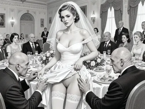 This is is a detailed monochromatic pencil drawing in a classical illustrative style depicts a scene set in USSR, in 1950s, a striking busty bride in a white dress, ((2 ugly bald old men roughly pawing her labia with their fingers)), 2 ugly bald old men mocking, on a festive table during the wedding banquet, She lifts the hem of her wedding dress with her hands, white lace panties, her white stockings are visible, family and parents are watching in their best clothes, a large banquet hall, They celebrate the wedding without noticing the bride, The overall mood is intense, rendered in fine, expressive line work and subtle shading, evoking the style of 1950s satirical or moralistic illustrations.